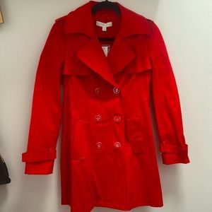 Tag on, red fall/spring trench coat with silver-trimmed buttons